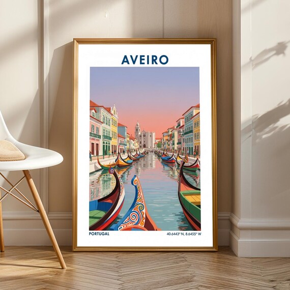 Aveiro Canals Travel Illustration Pink And Blue Yellow Cityscape Portugal Art Contemporary Print For Living Room Or Office