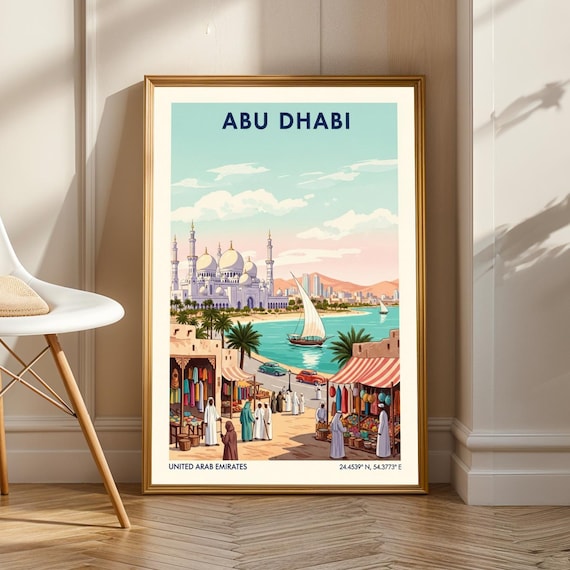 Abu Dhabi Grand Mosque Poster Vintage Gouache Print Sky Blue And Sand Art Middle Eastern Travel Illustration For Living Room