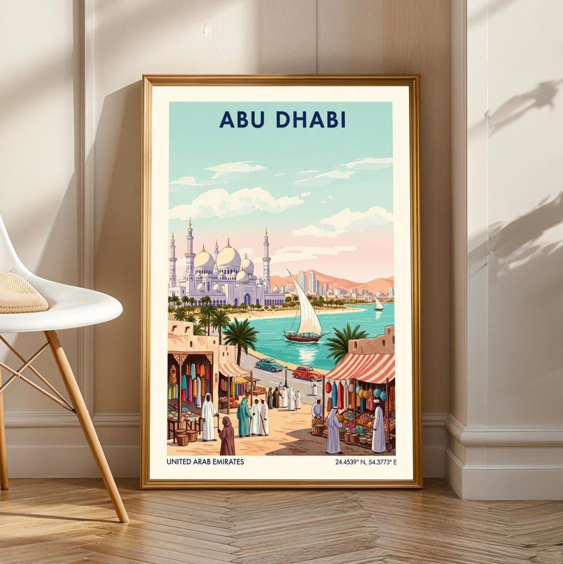 Abu Dhabi Grand Mosque Harbor Market Vintage Travel Poster UAE