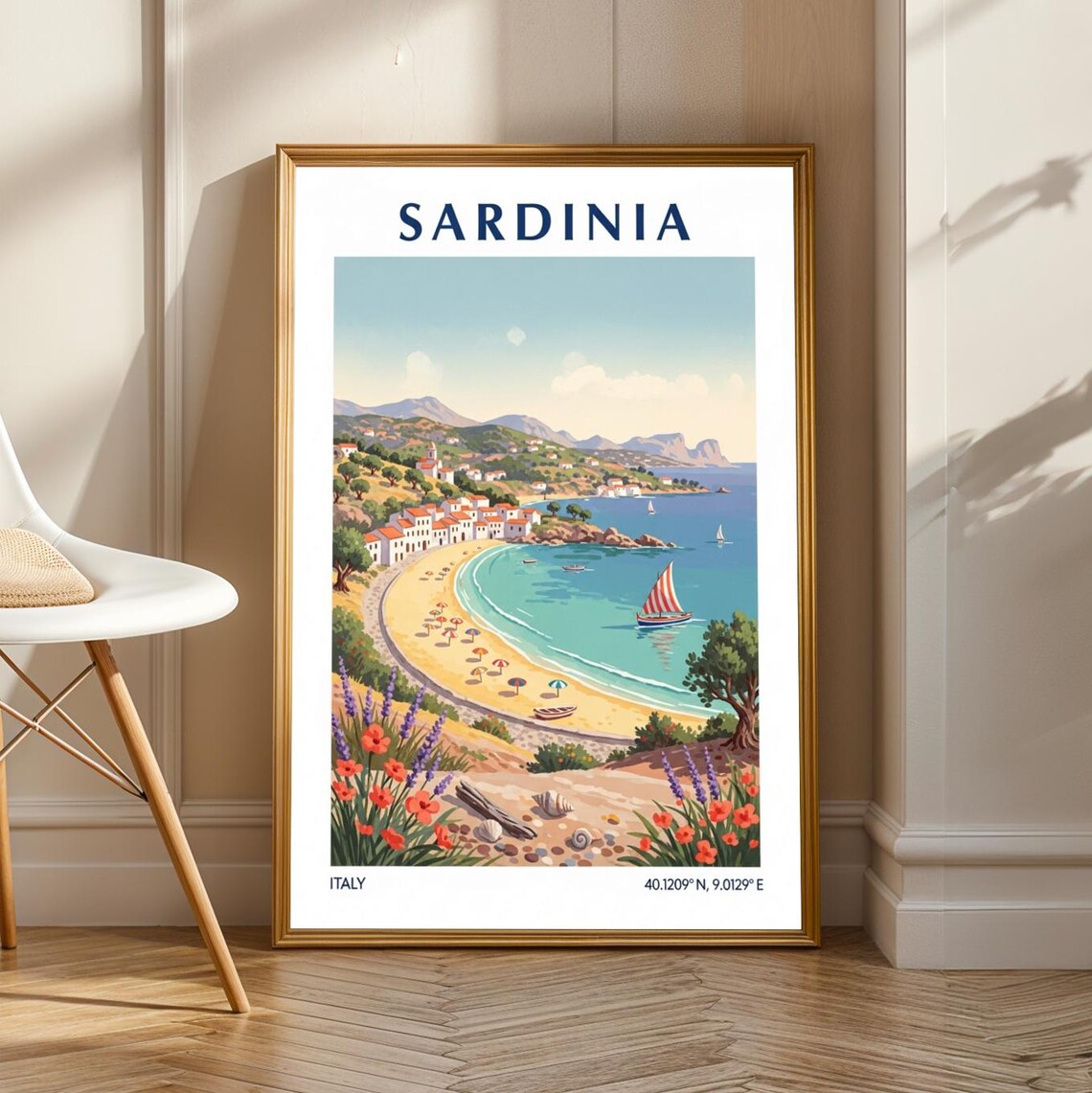 Sardinia Italy Seaside Village Beach Vintage Coastal Travel Poster