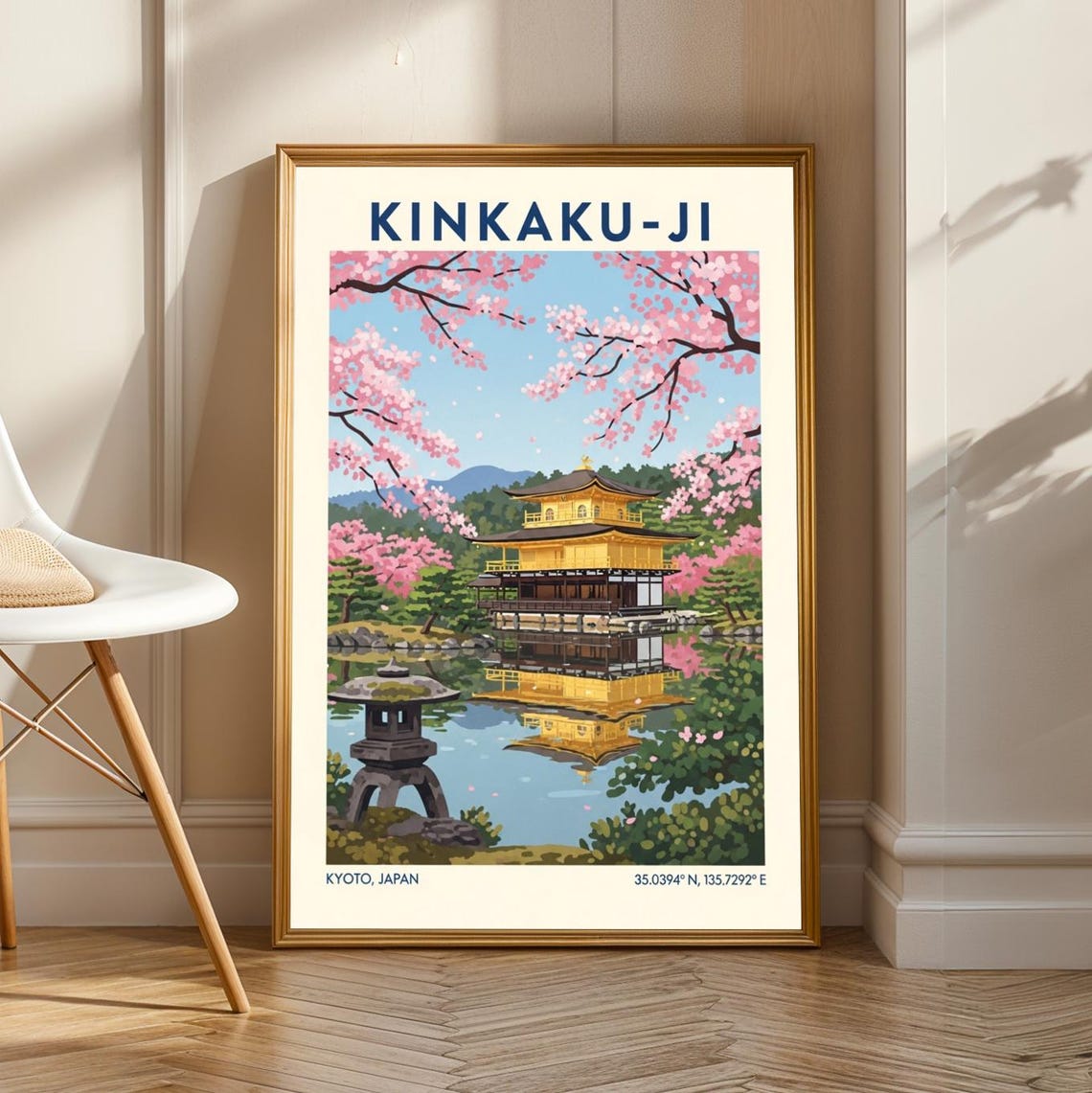 Kinkakuji Golden Pavilion Poster Pink Gold Green And Blue Gouache Japanese Temple Art Kyoto Travel Illustration For Living Room