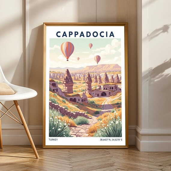 Cappadocia Hot Air Balloons Poster Orange And Pink Green Beige Travel Art Turkish Landscape Illustration Living Room Decor