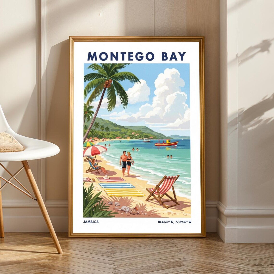 Montego Bay Beach Retro Travel Poster of Jamaica with Palm Tree