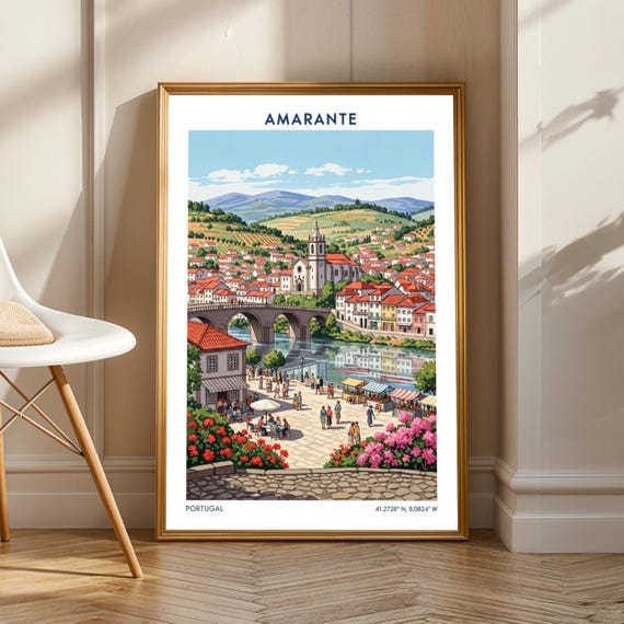 Amarante Portugal Riverside Bridge Vintage Travel Poster Church Scene