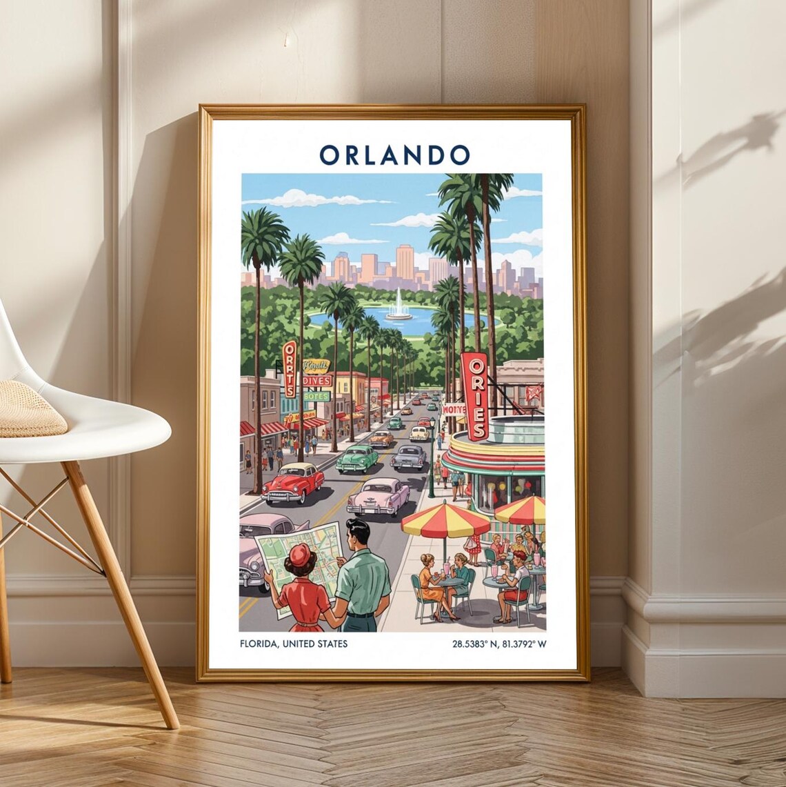 Orlando Florida 1950s Retro Street Scene Vintage Travel Wall Poster
