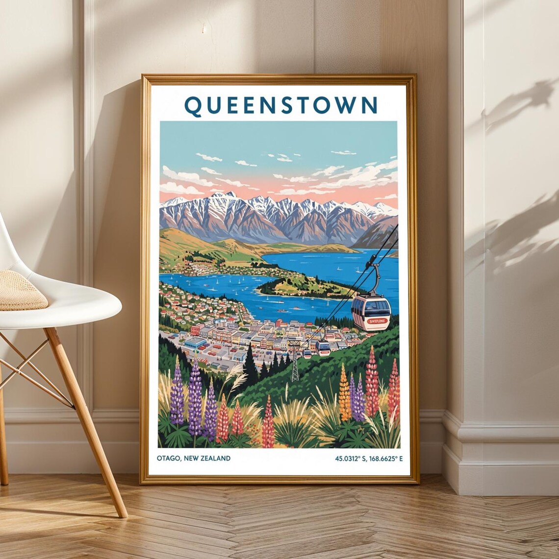 Queenstown New Zealand Gondola Lake Lupins Vintage Travel Poster
