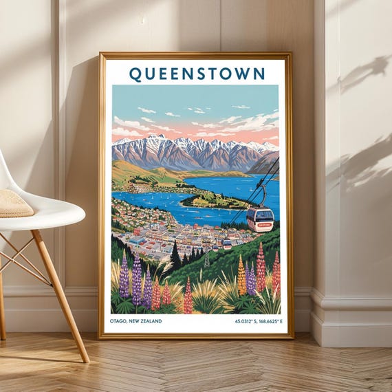 Queenstown Landscape Print Blue And Green Pink Purple Orange Wall Art Vintage Travel Illustration Living Room Decor