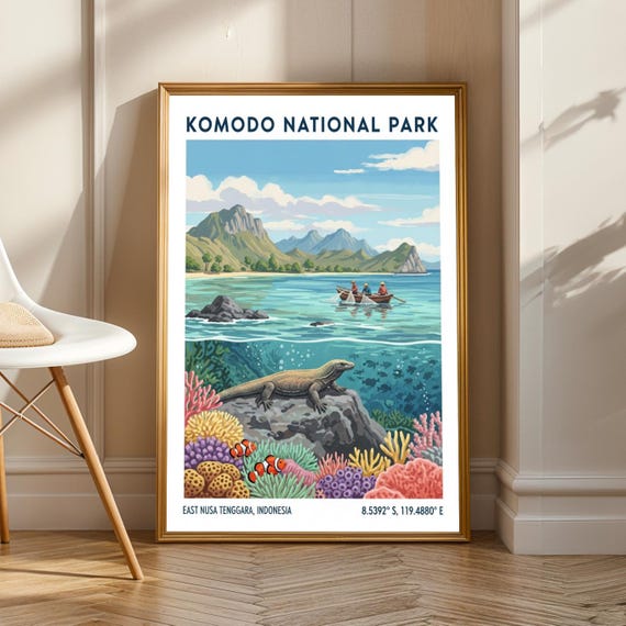 Komodo National Park Art Print Blue And Green Pink Orange Purple Tropical Wildlife Illustration Living Room Or Office