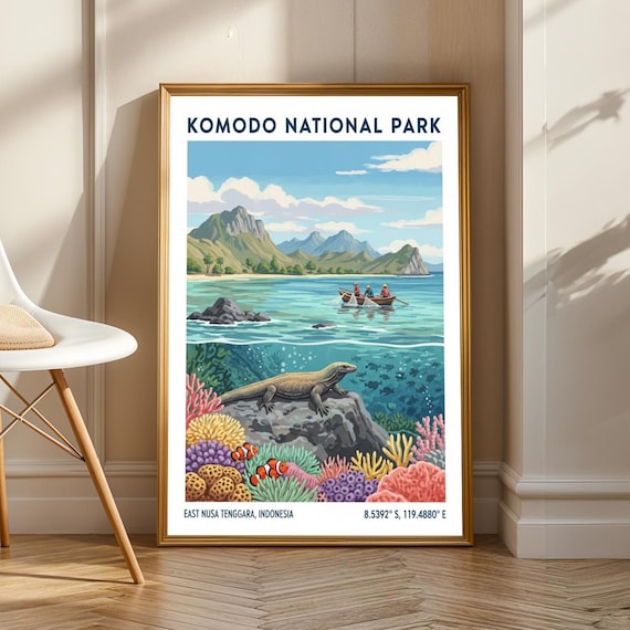 Vintage Komodo National Park Indonesia Dragon Coral Reef Poster