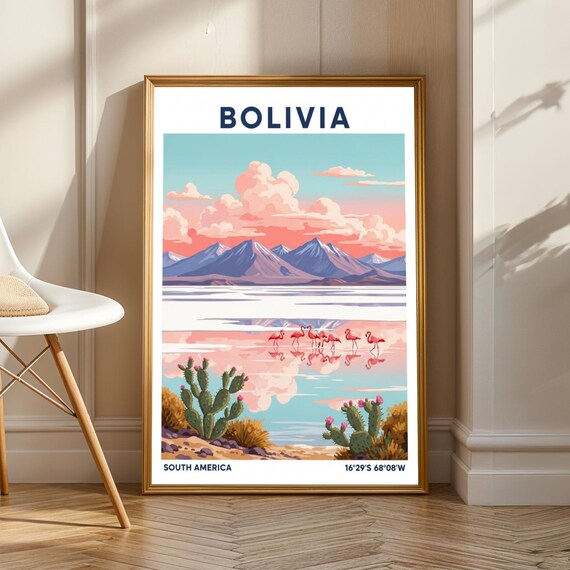 Vintage Bolivia Pink Flamingo Salt Flat Andes Sunset Poster Art