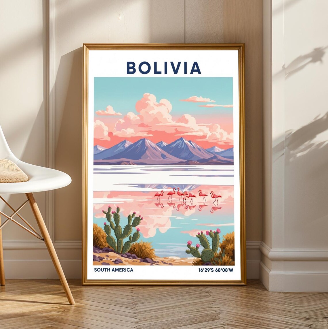 Vintage Bolivia Pink Flamingo Salt Flat Andes Sunset Poster Art