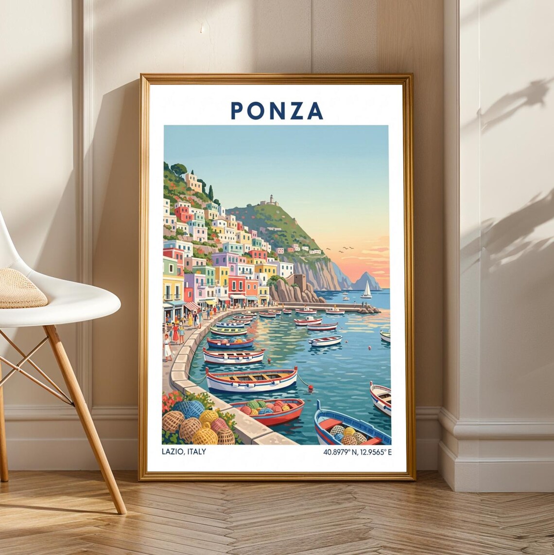 Ponza Italy Harbor Vintage Travel Poster, Mediterranean
