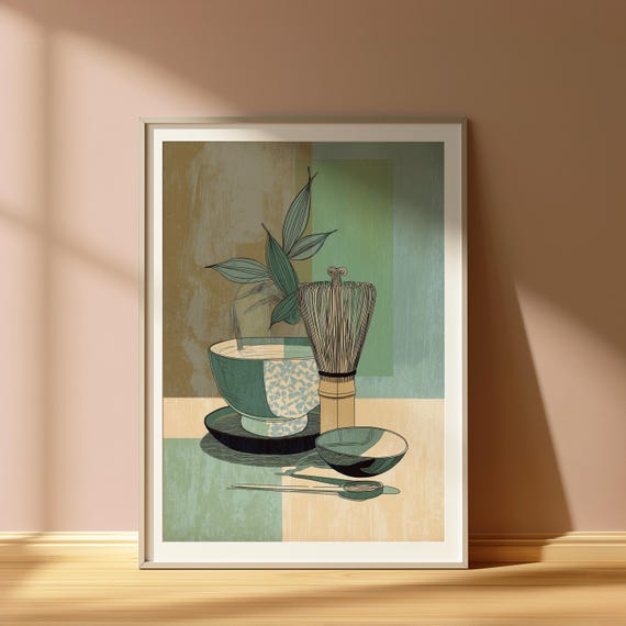 Japanese Tea Bowl Print Vintage Japan Art Bamboo Whisk Poster