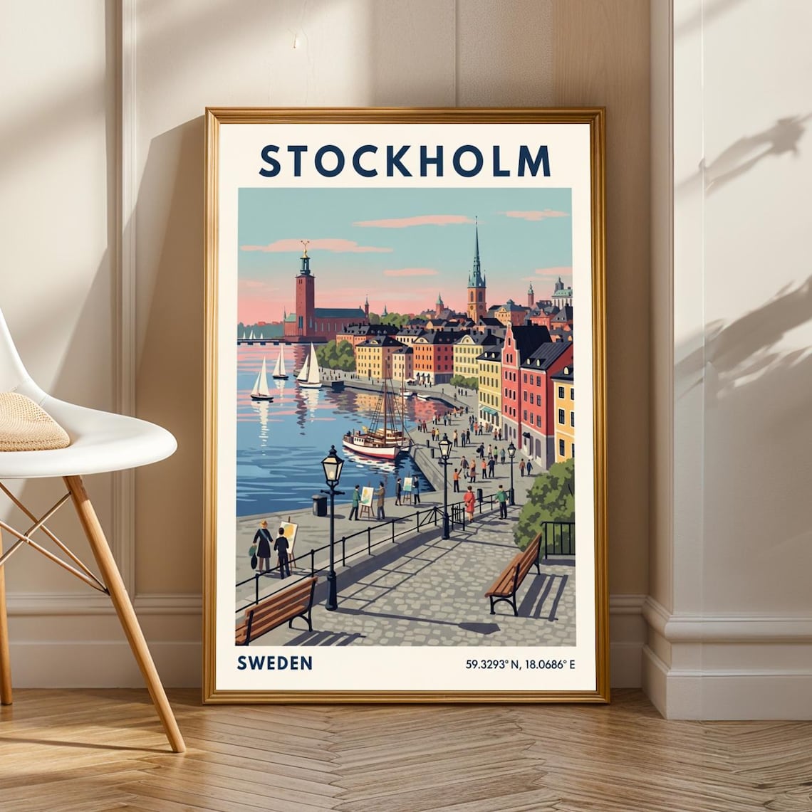 Stockholm Waterfront Promenade City Hall Sails Vintage Sweden Travel Poster