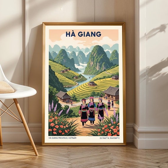 H Giang Rice Fields Art Print Green And Yellow Pink Blue Landscape Vietnamese Cultural Illustration Travel Enthusiast Poster