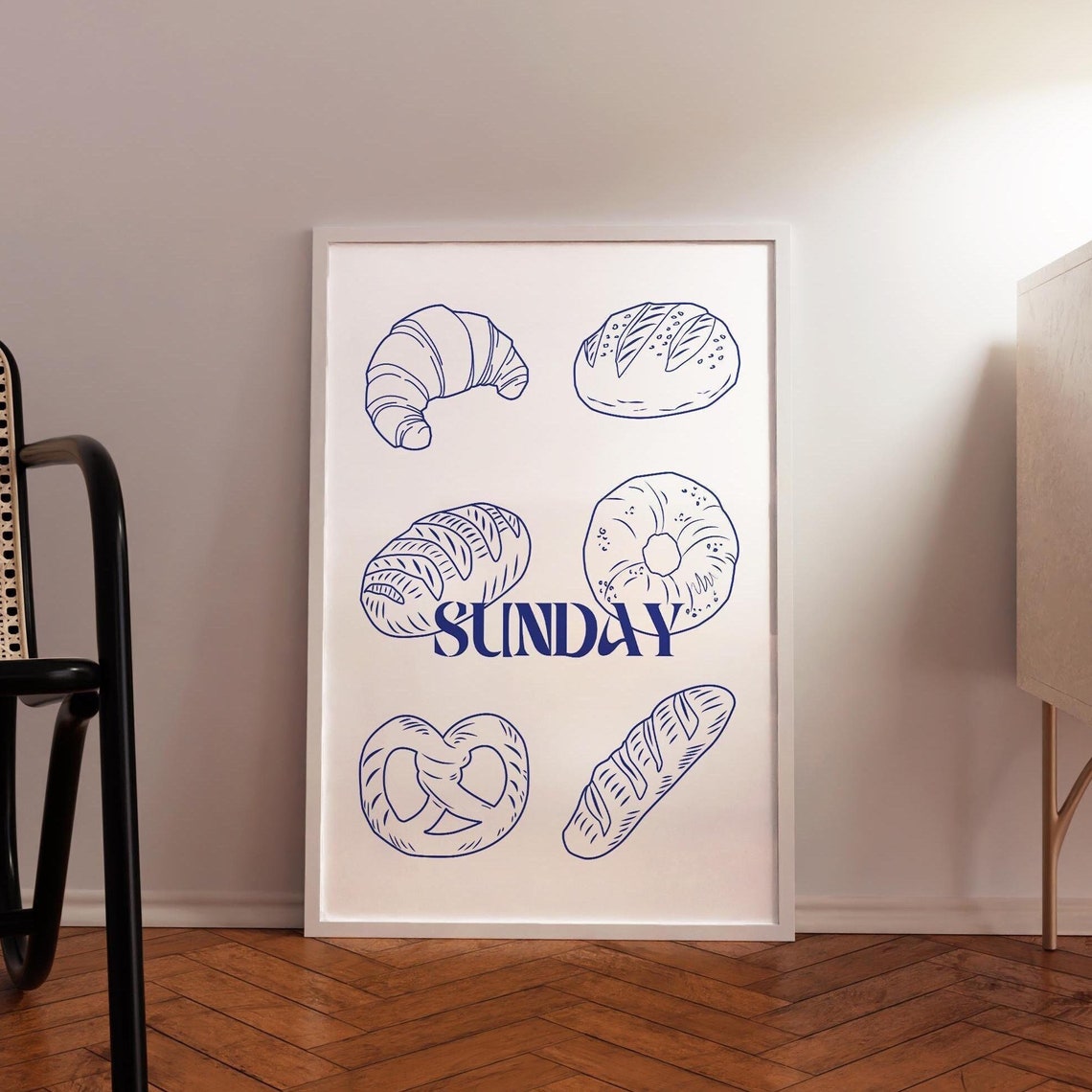 Sunday Bakery Blue Line Bread Illustration Kitchen Wall Poster - Image 2
