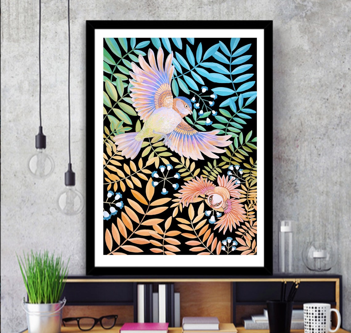Colorful Tropical Birds In Flight Black Botanical Dramatic Art Poster