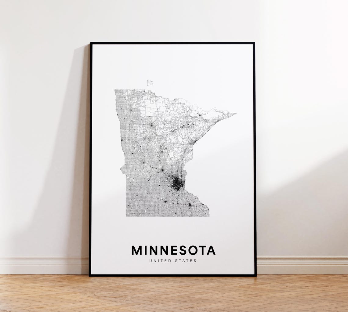 Minnesota State Map Print Poster Of Area Minimalist Mn Road Modern Wall Decor