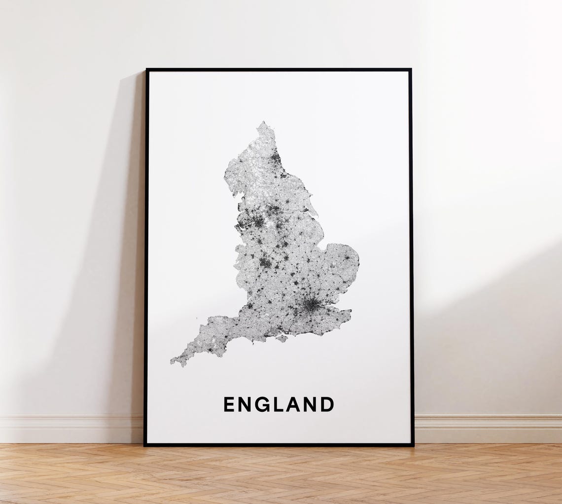 England Map Print Road Poster Country Black And White Minimalist Uk Wall Art