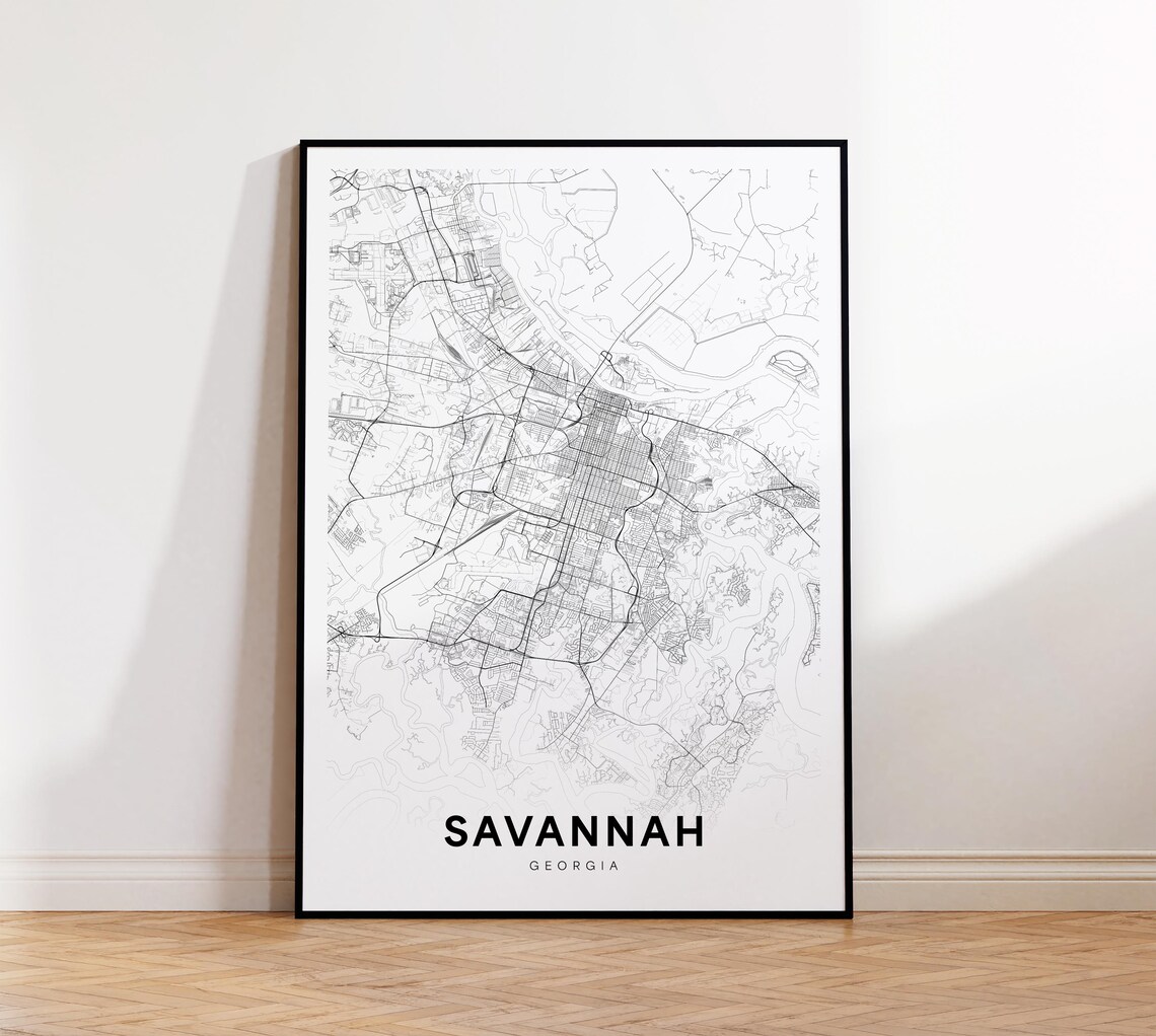 Savannah Georgia Minimalist Street Map Black And White Line Print