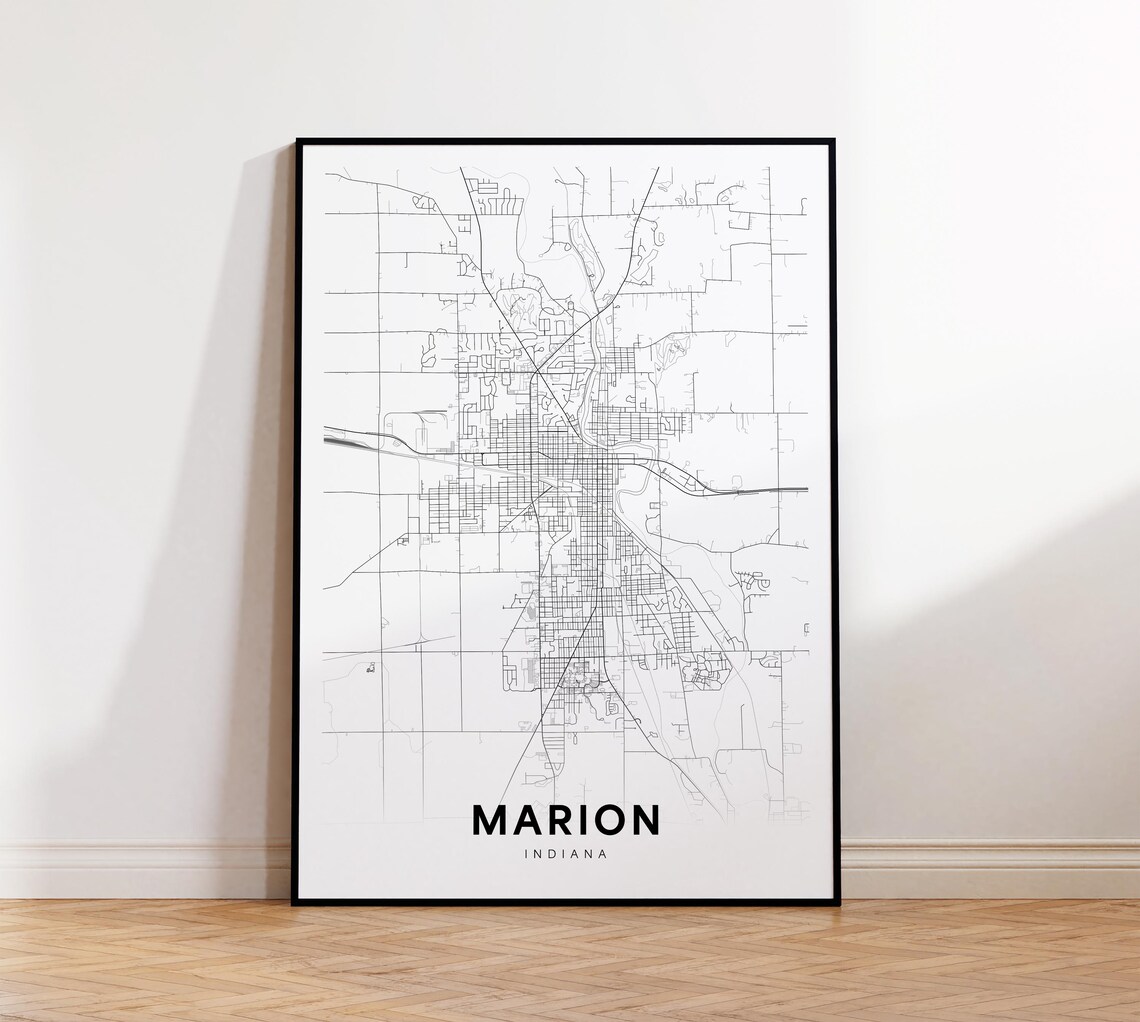 Marion Indiana Minimalist Black White City Street Map Wall Print
