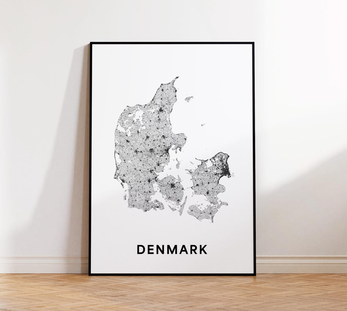 Denmark Map Print Street Art Country Poster Black And White Wall Office Decor