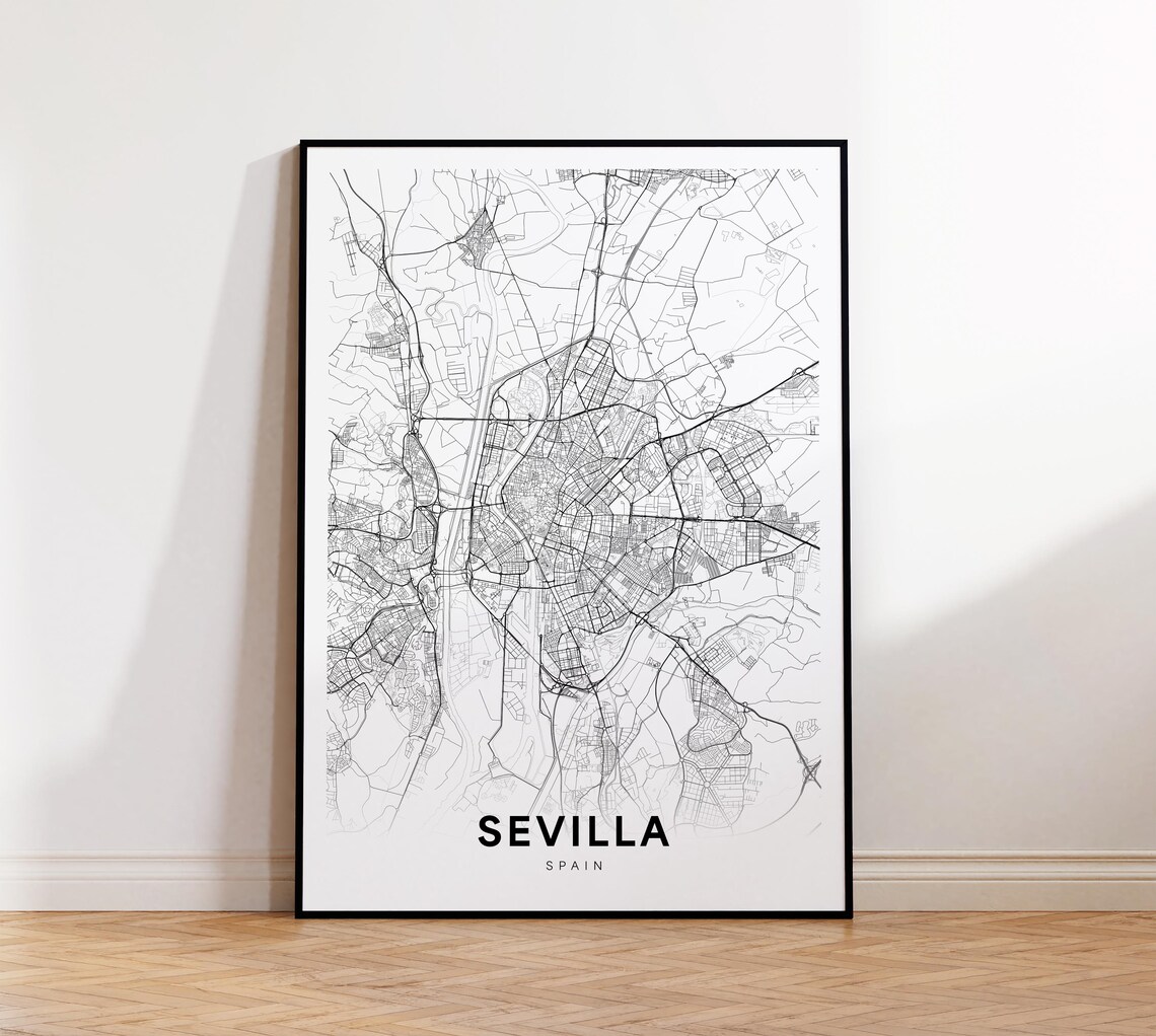 Sevilla Spain Minimalist Black White City Street Map Line Art Poster