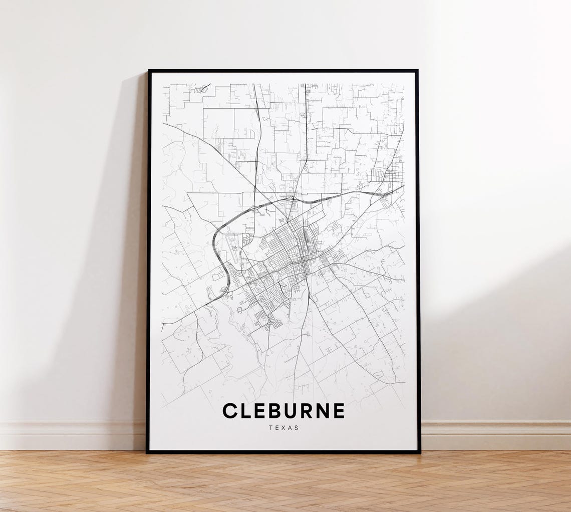 Cleburne City Map Print Street Poster Texas Art Road Wall Office