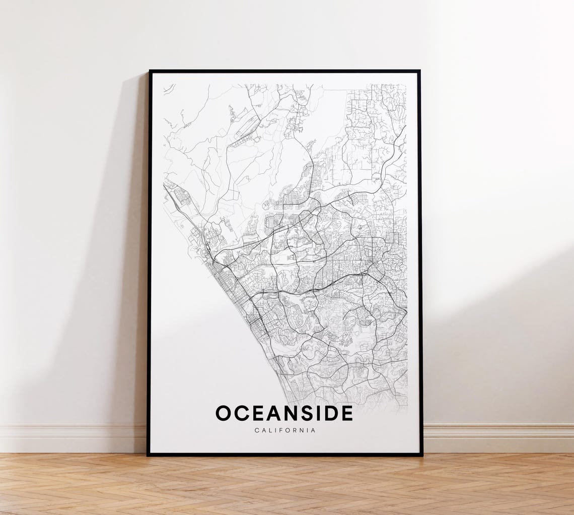 Oceanside California Minimalist Black White Street Map Poster