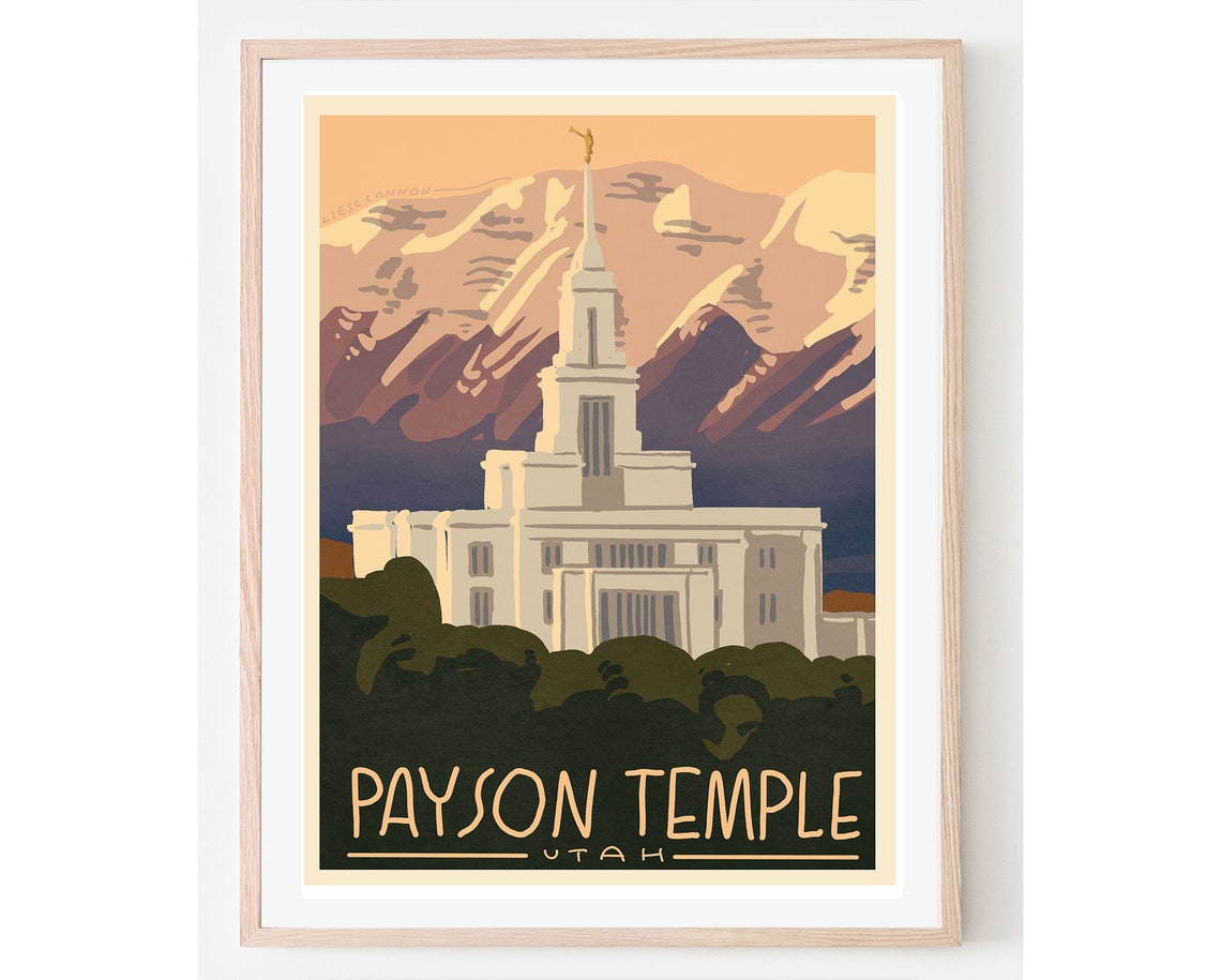 Payson Temple Utah Vintage Travel Poster Mountain LDS Artwork