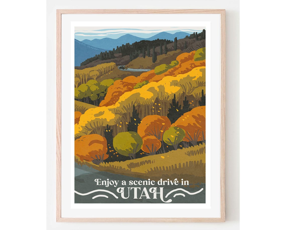 Utah Fall Foliage Scenic Drive Vintage Autumn Road Travel Poster