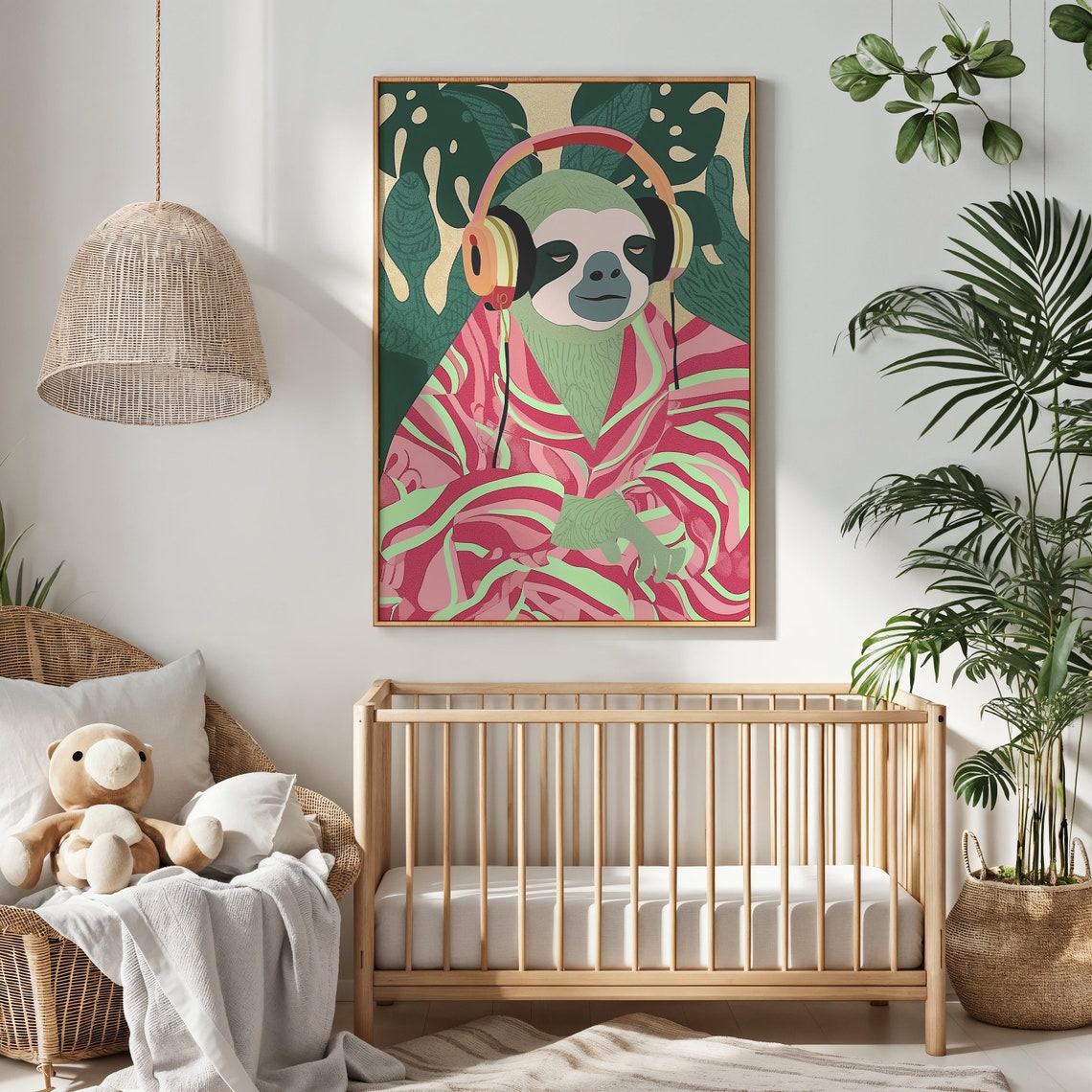 Chill Sloth Wearing Headphones Retro Tropical Jungle Music Art Print - Image 2