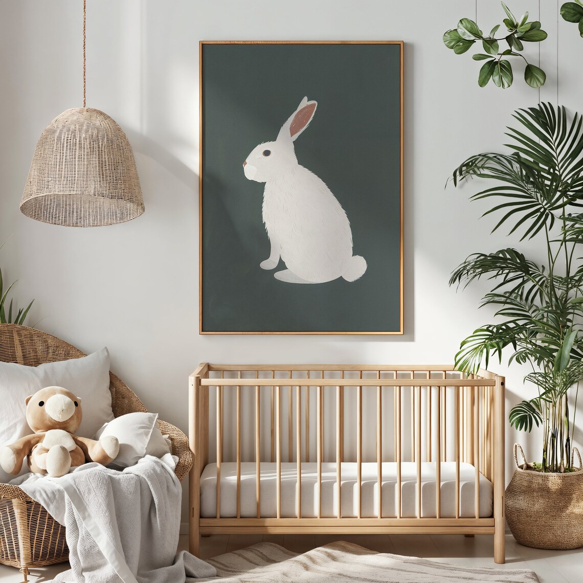 White Bunny On Forest Green Background Minimalist Nursery Animal Poster - Image 4
