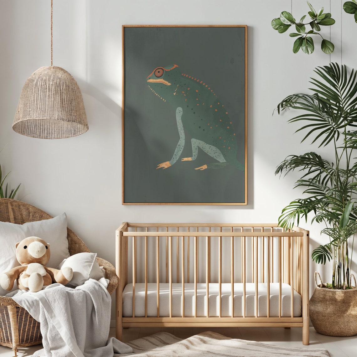 Chameleon With Orange Spots On Forest Green Kids Reptile Art Poster - Image 4