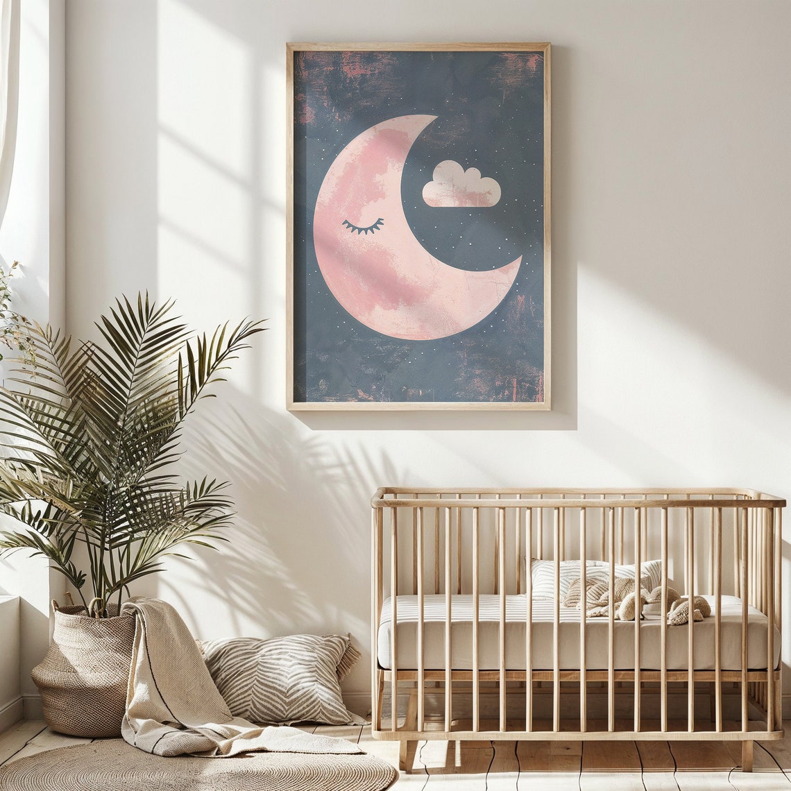 Sleepy Pink Crescent Moon And Cloud On Navy Night Sky Nursery Poster