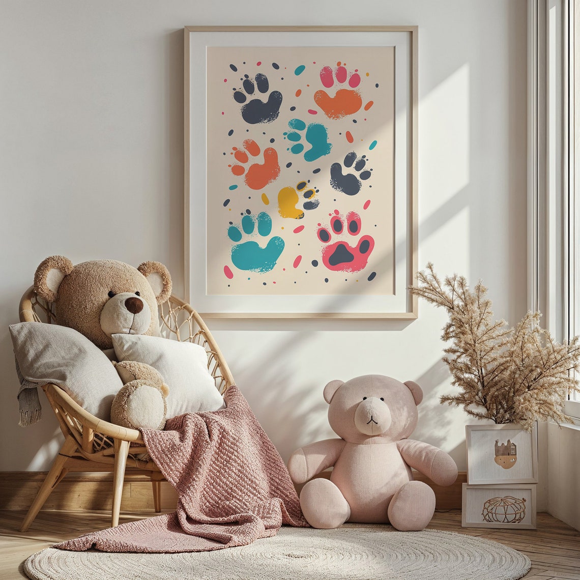 Watercolor Paw Prints Splash Cream Background Kids Nursery Art Poster - Image 3