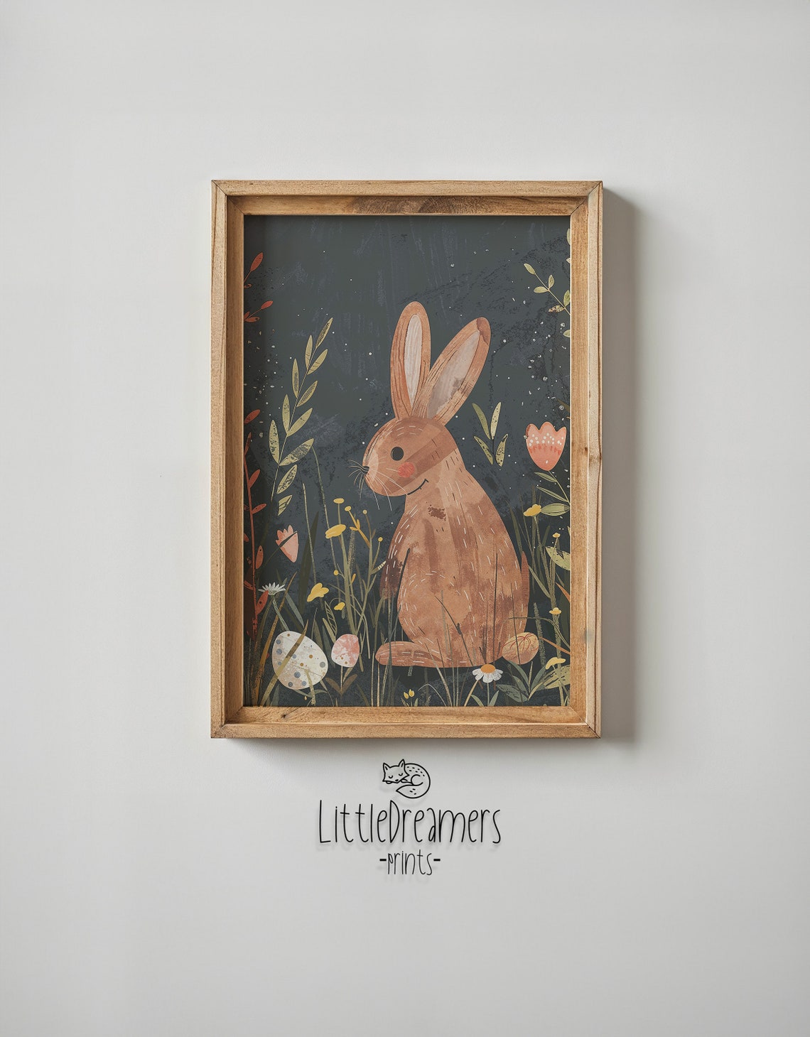 Brown Bunny Night Meadow Golden Grasses Speckled Eggs Folk Poster