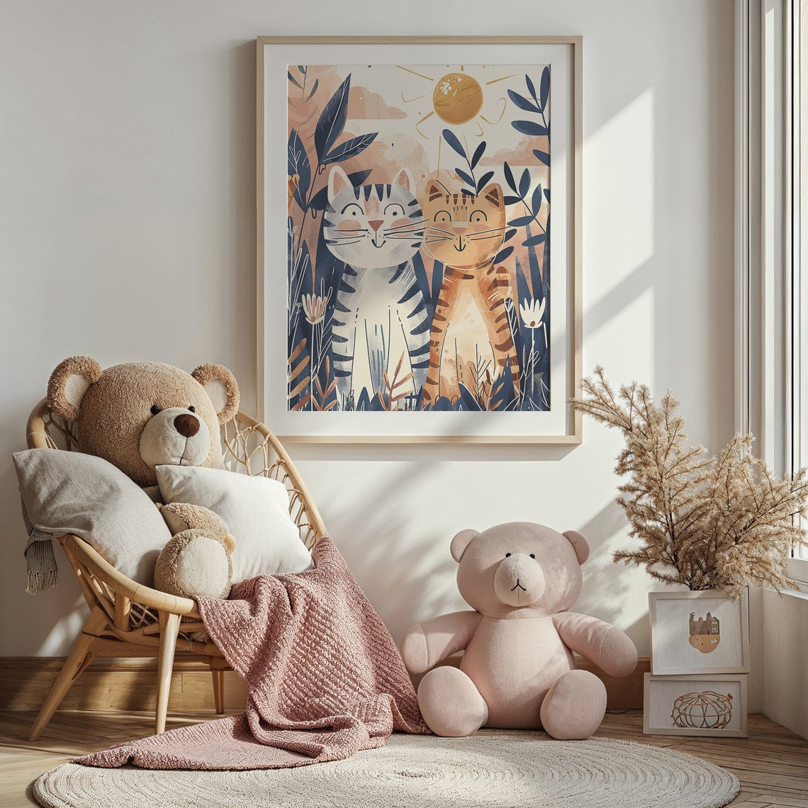 Two Smiling Cats Sun Nursery Poster Jungle Foliage Playful Kids Art - Image 4