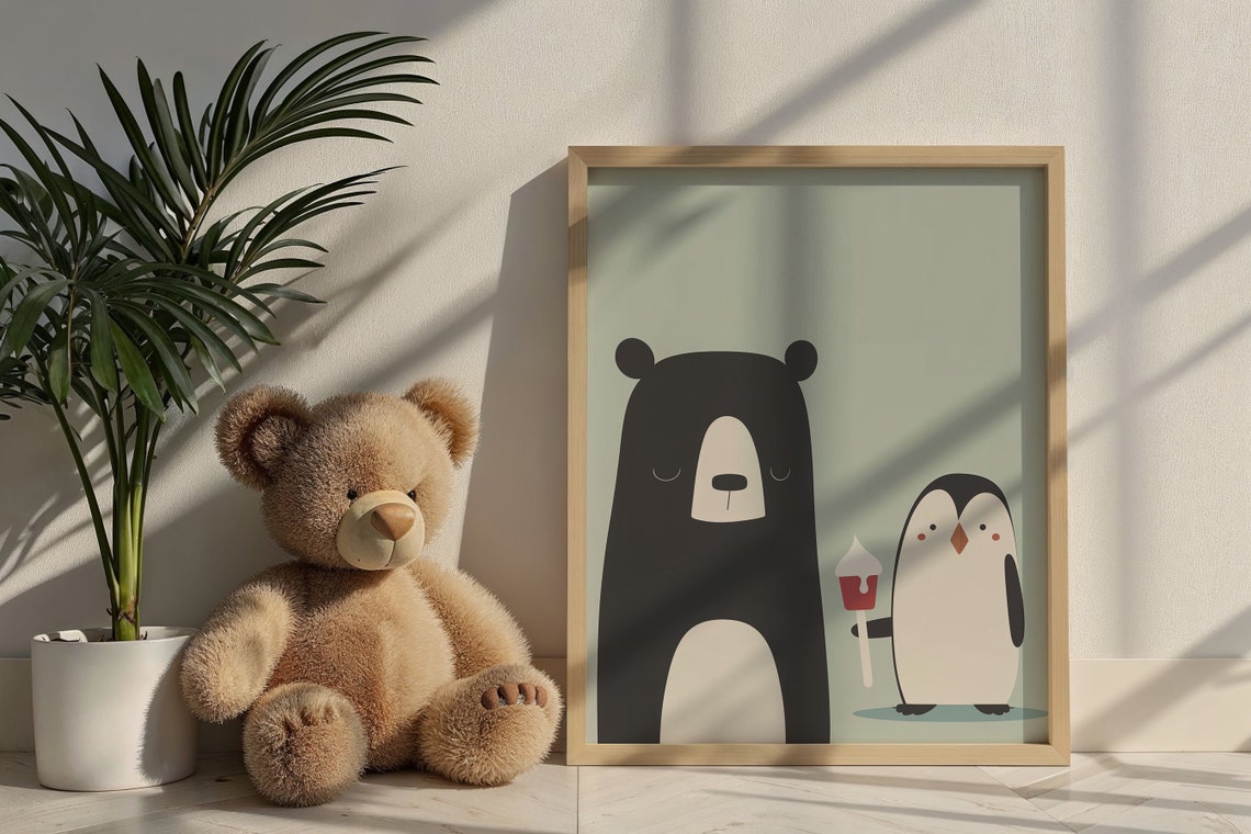 Bear Penguin Friends Red Ice Cream Mint Background Kids Wall Poster - Image 5