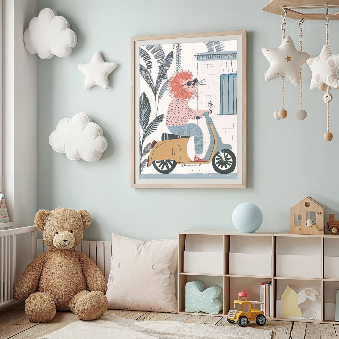 Cool Lion Riding Scooter Nursery Poster Sunglasses Playful Kids Art - Image 2