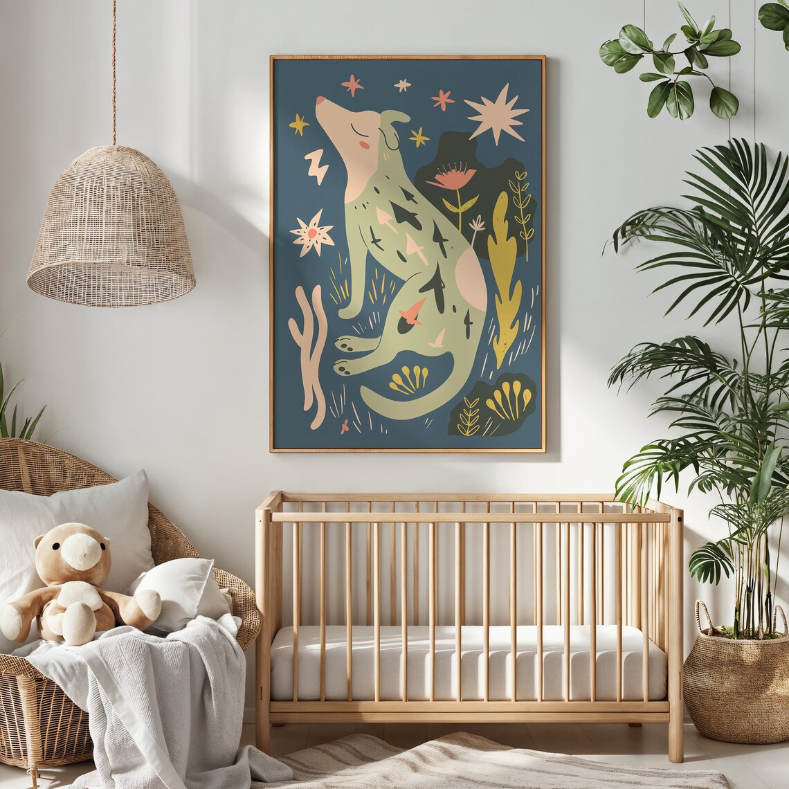 Howling Dog Night Stars Dreamy Celestial Folk Animal Wall Poster - Image 3