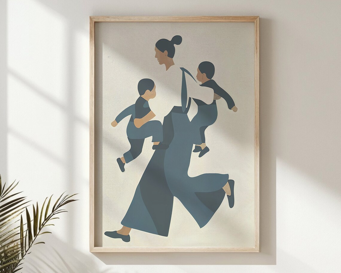 Mother Walking Two Children Minimalist Flat Motherhood Nursery Poster