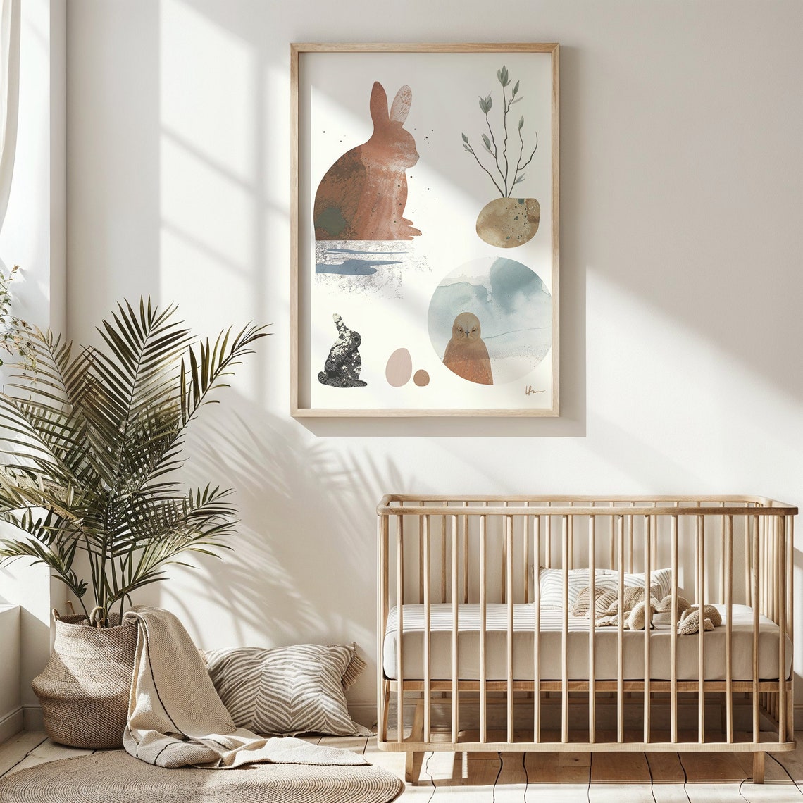 Abstract Bunny And Owl Watercolor Neutral Minimalist Kids Art Print - Image 5