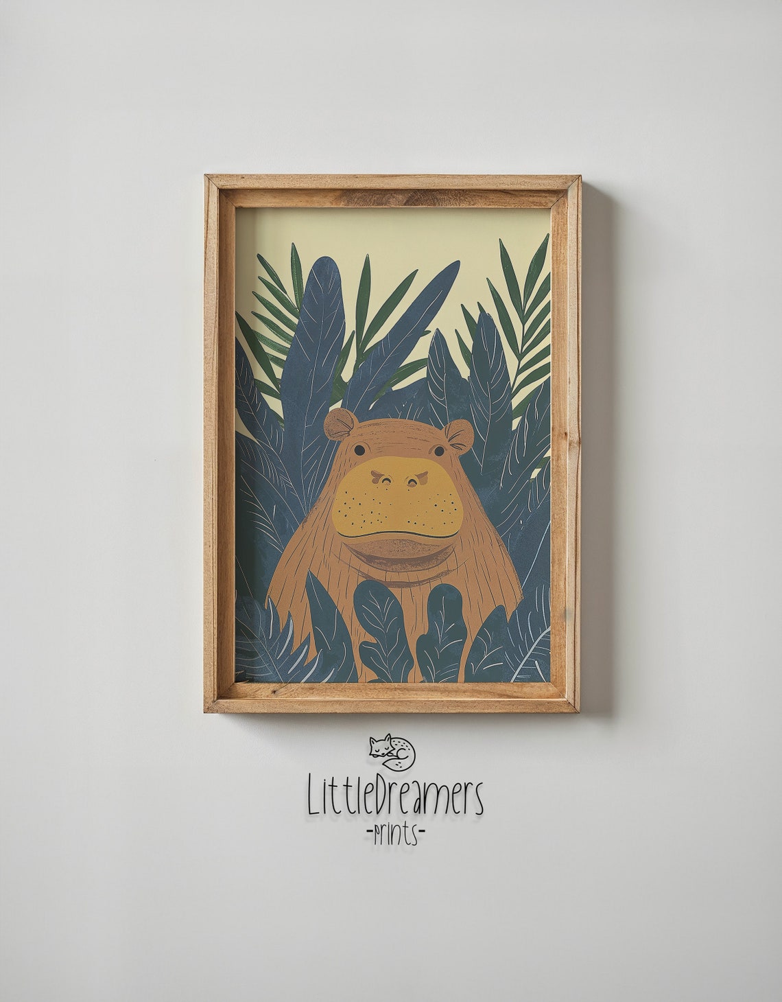 Smiling Hippo Peeking From Navy Jungle Leaves Nursery Poster - Image 4