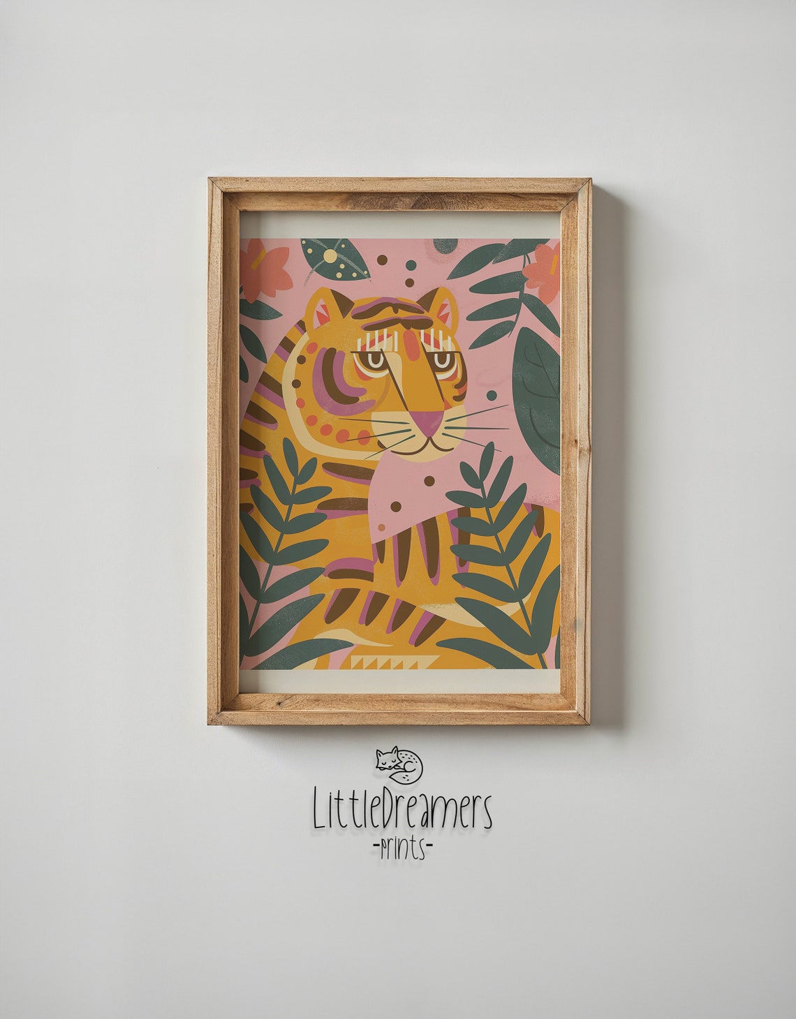 Stylized Orange Tiger Pink Jungle Foliage Bold Nursery Poster - Image 6