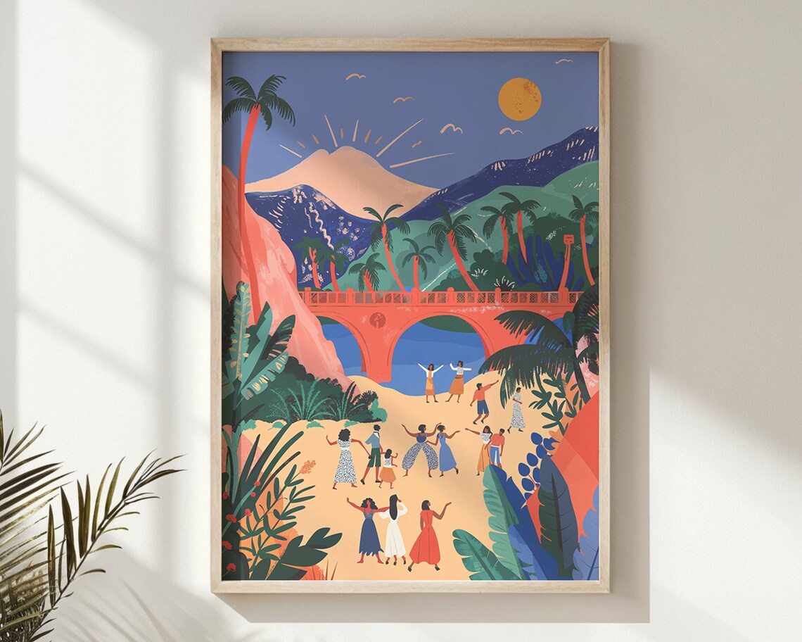 Tropical Beach Dancers Red Bridge Palm Volcano Kids Wall Art Poster - Image 5