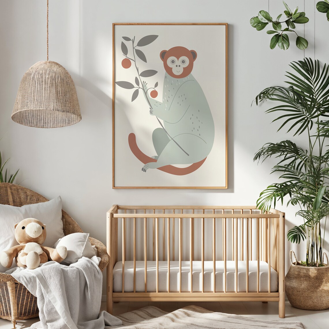 Cute Monkey With Fruit Branch Sage Terracotta Minimalist Wall Art Poster - Image 2
