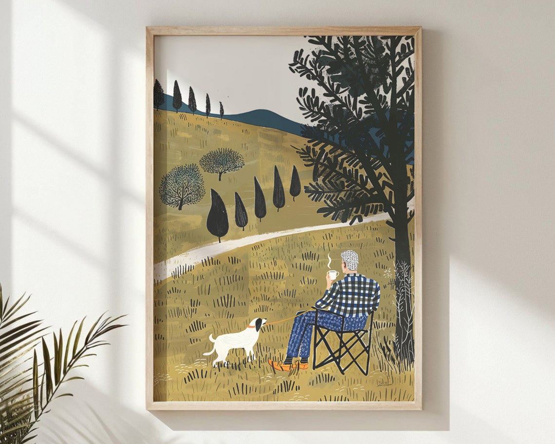 Elderly Man Coffee Dog Golden Field Cypress Trees Calm Wall Poster - Image 6