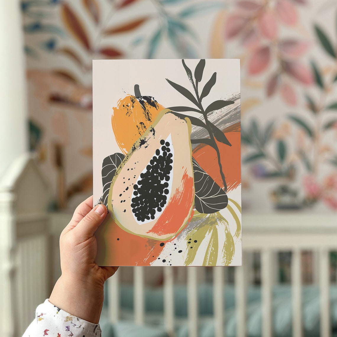 Papaya Half Close Up Tropical Leaves Burnt Orange Modern Art Print - Image 2