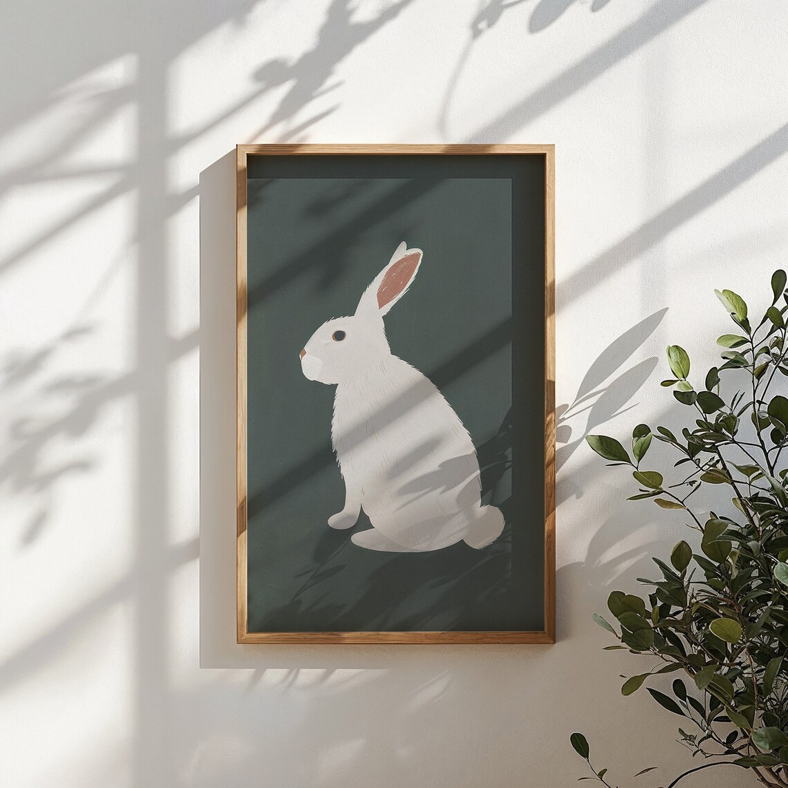 White Bunny On Forest Green Background Minimalist Nursery Animal Poster - Image 6